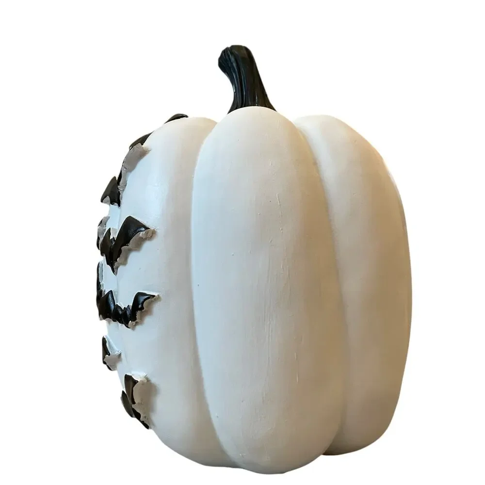 Black Flying Bats White Resin Pumpkin 12in Hauntingly Chic Halloween Decor NEW